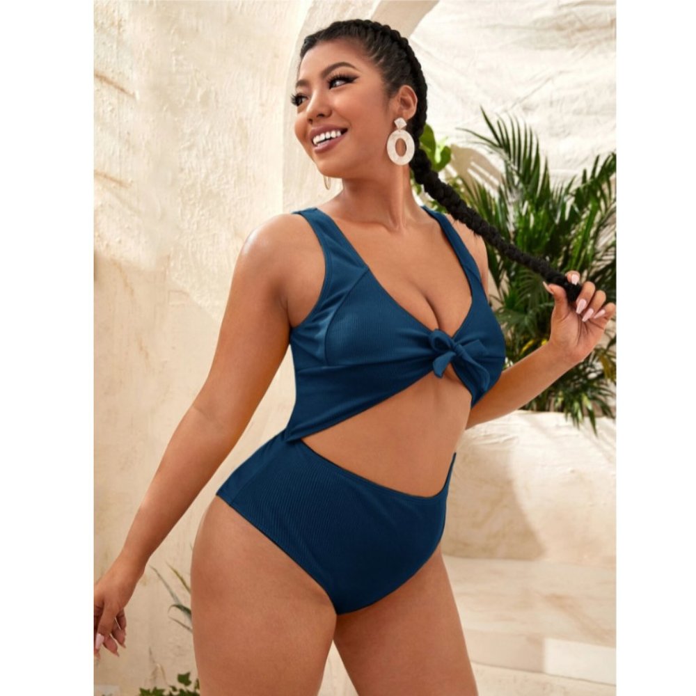 Blue Rib Knot Front One Piece Swimsuit - Picture 2 of 4